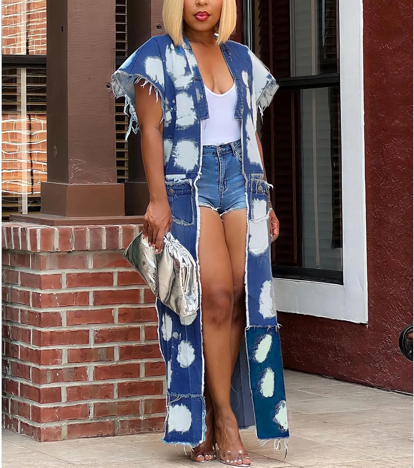Mandonce Women's Denim Long Jacket Patchwork Multi-Pocket Chain Sleeveless Streetwear Loose Long Jacket