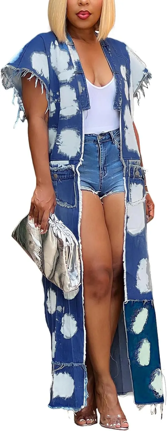 Mandonce Women's Denim Long Jacket Patchwork Multi-Pocket Chain Sleeveless Streetwear Loose Long Jacket