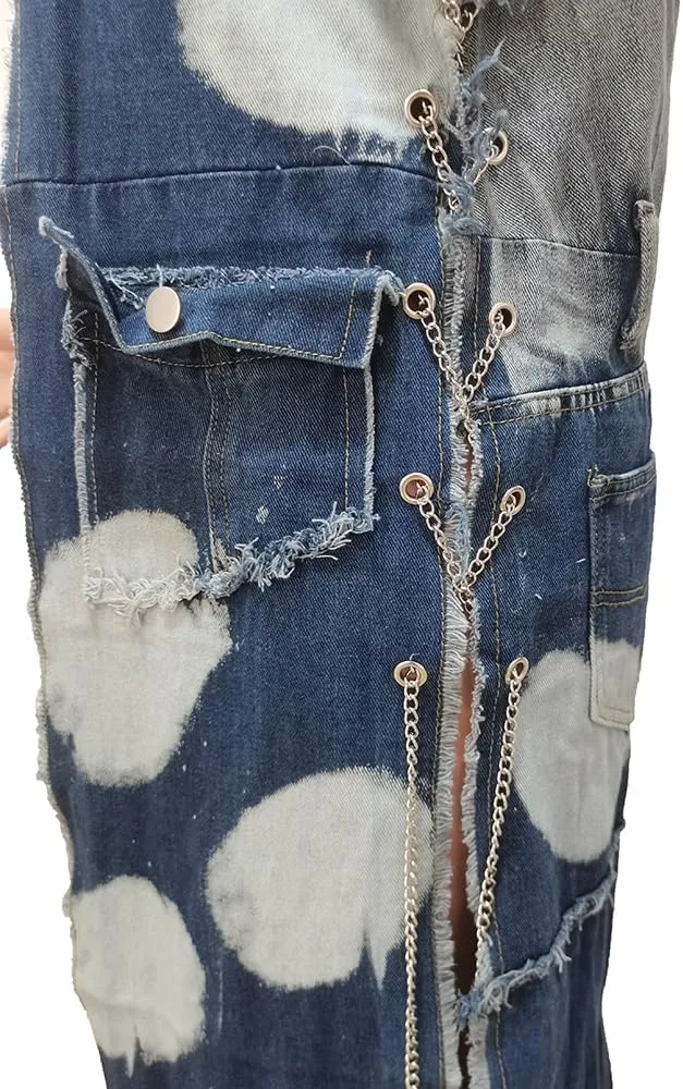 Mandonce Women's Denim Long Jacket Patchwork Multi-Pocket Chain Sleeveless Streetwear Loose Long Jacket