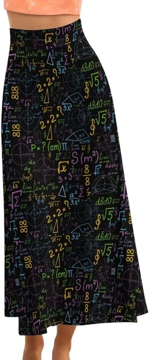 Math Formula Women's Fashion Printed High Waist Flared Long Skirt
