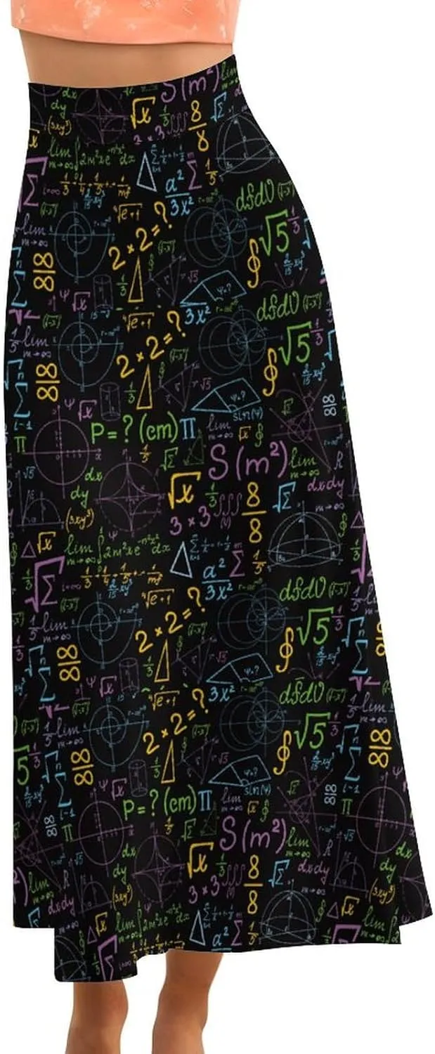 Math Formula Women's Fashion Printed High Waist Flared Long Skirt
