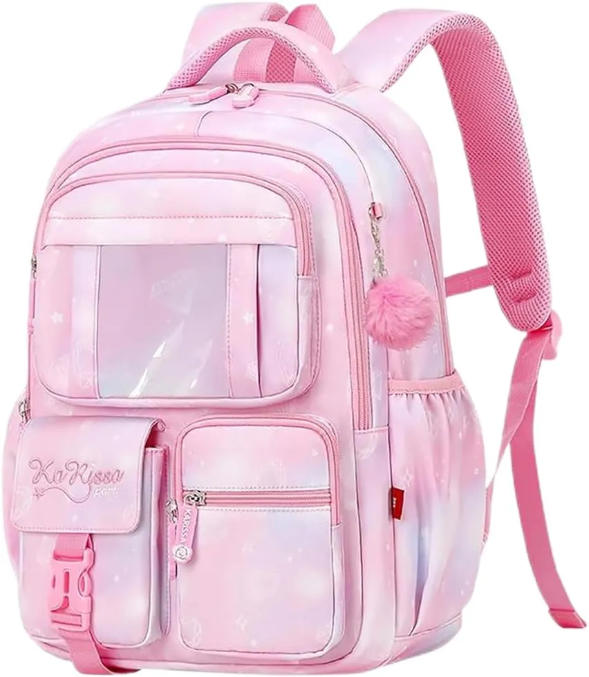 MATMO Multi-Pocket Girls Boys School Backpack Kids Student Bookbag Travel Daypack (Pink)