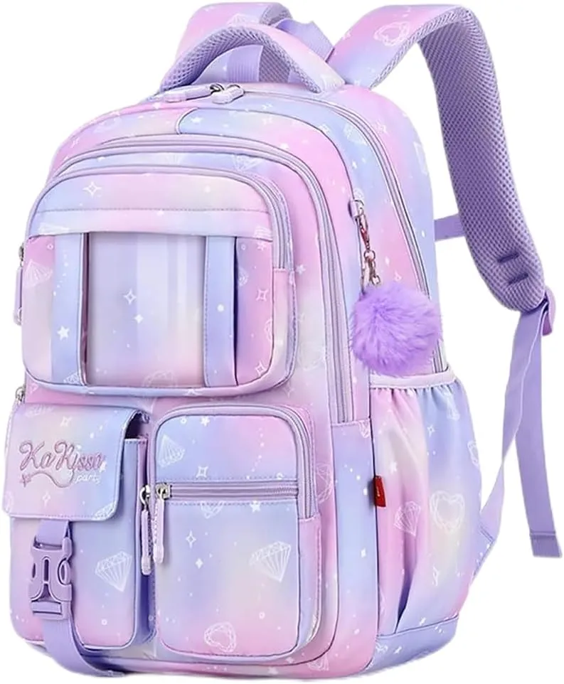 MATMO Multi-Pocket Girls Boys School Backpack Kids Student Bookbag Travel Daypack (Purple)