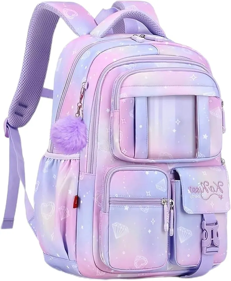 MATMO Multi-Pocket Girls Boys School Backpack Kids Student Bookbag Travel Daypack (Purple)