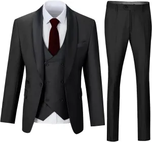 Mens 3 Piece Suit Shawl Lapel One Button Tuxedo Double Breasted Suit Slim Fit Formal Wedding Prom Suits