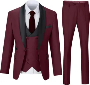 Mens 3 Piece Suit Shawl Lapel One Button Tuxedo Double Breasted Suit Slim Fit Formal Wedding Prom Suits