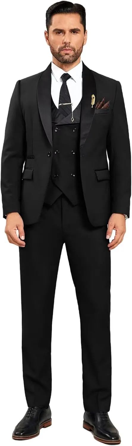 Mens 3 Piece Suit Shawl Lapel One Button Tuxedo Double Breasted Suit Slim Fit Formal Wedding Prom Suits