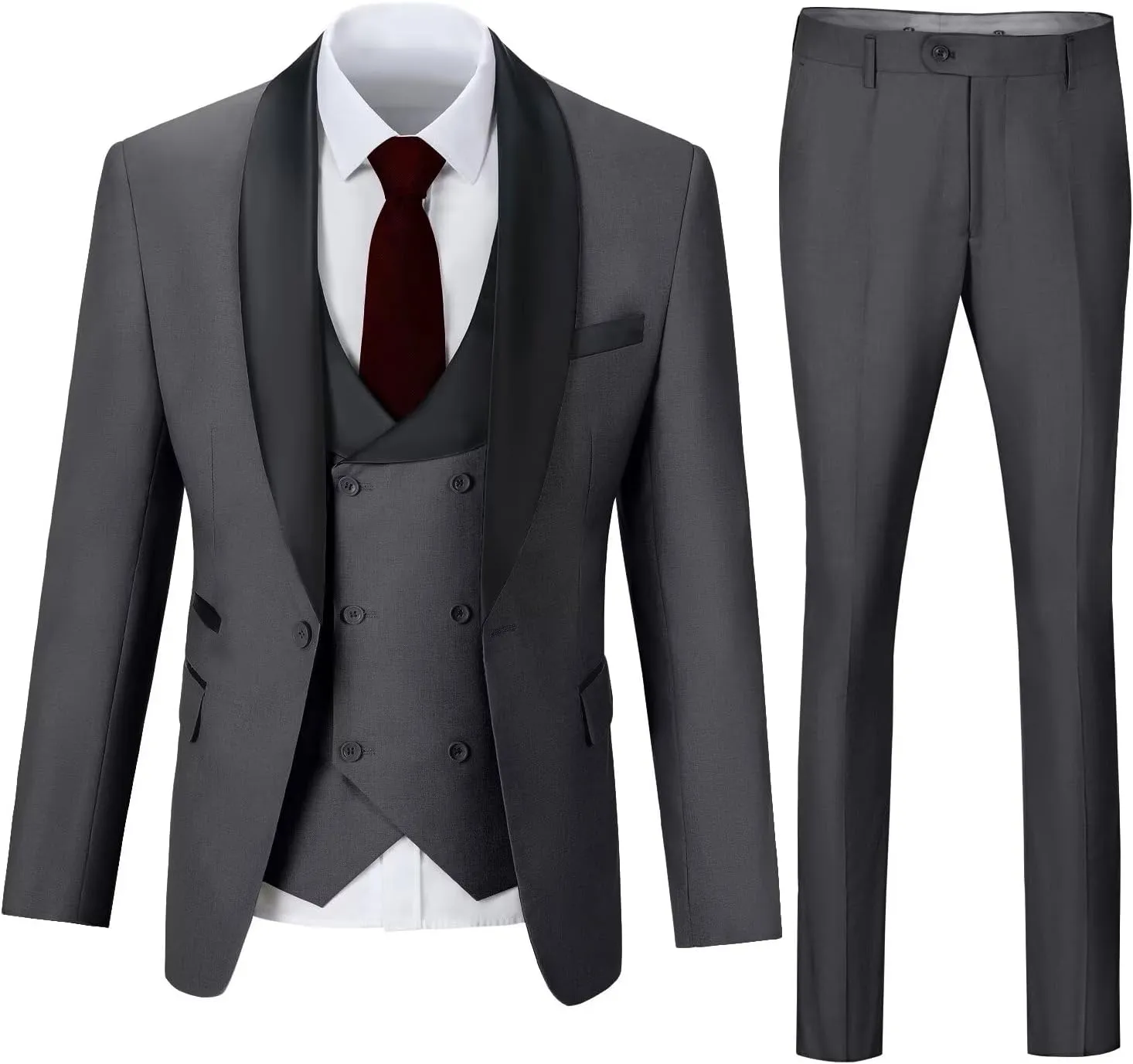 Mens 3 Piece Suit Shawl Lapel One Button Tuxedo Double Breasted Suit Slim Fit Formal Wedding Prom Suits