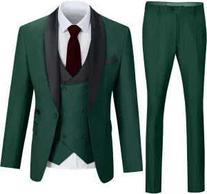 Mens 3 Piece Suit Shawl Lapel One Button Tuxedo Double Breasted Suit Slim Fit Formal Wedding Prom Suits