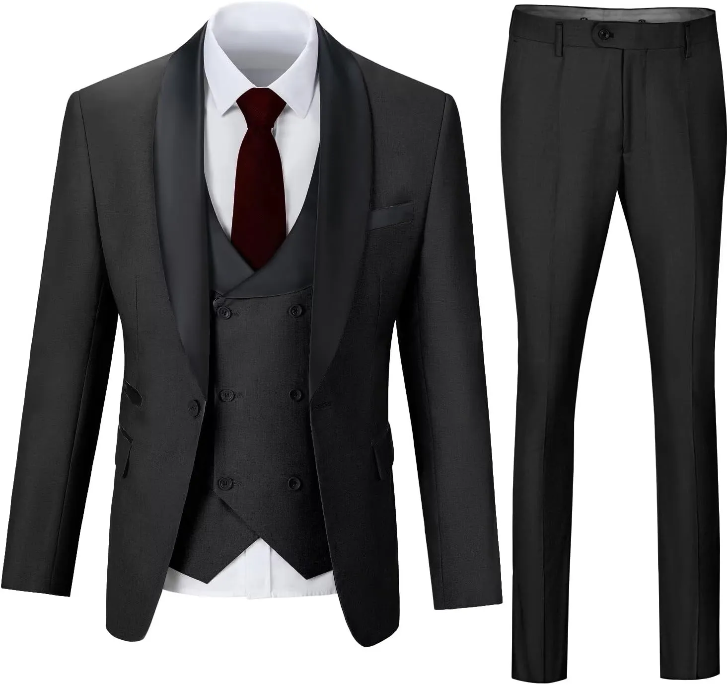 Mens 3 Piece Suit Shawl Lapel One Button Tuxedo Double Breasted Suit Slim Fit Formal Wedding Prom Suits