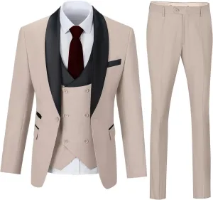 Mens 3 Piece Suit Shawl Lapel One Button Tuxedo Double Breasted Suit Slim Fit Formal Wedding Prom Suits