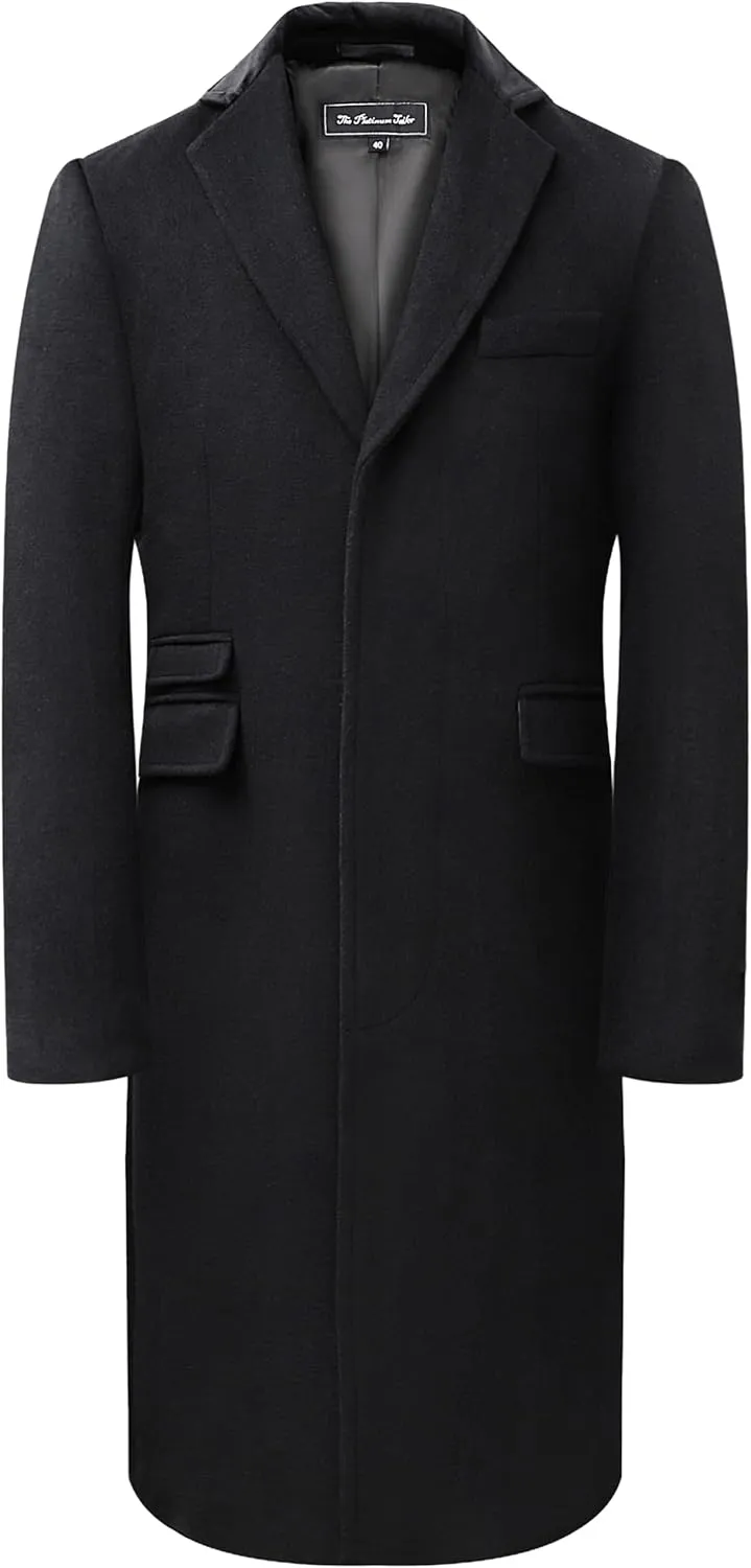 Mens Black Overcoat Wool & Cashmere Covert Warm Winter Mod Coat Velvet Collar & Red Satin Lining