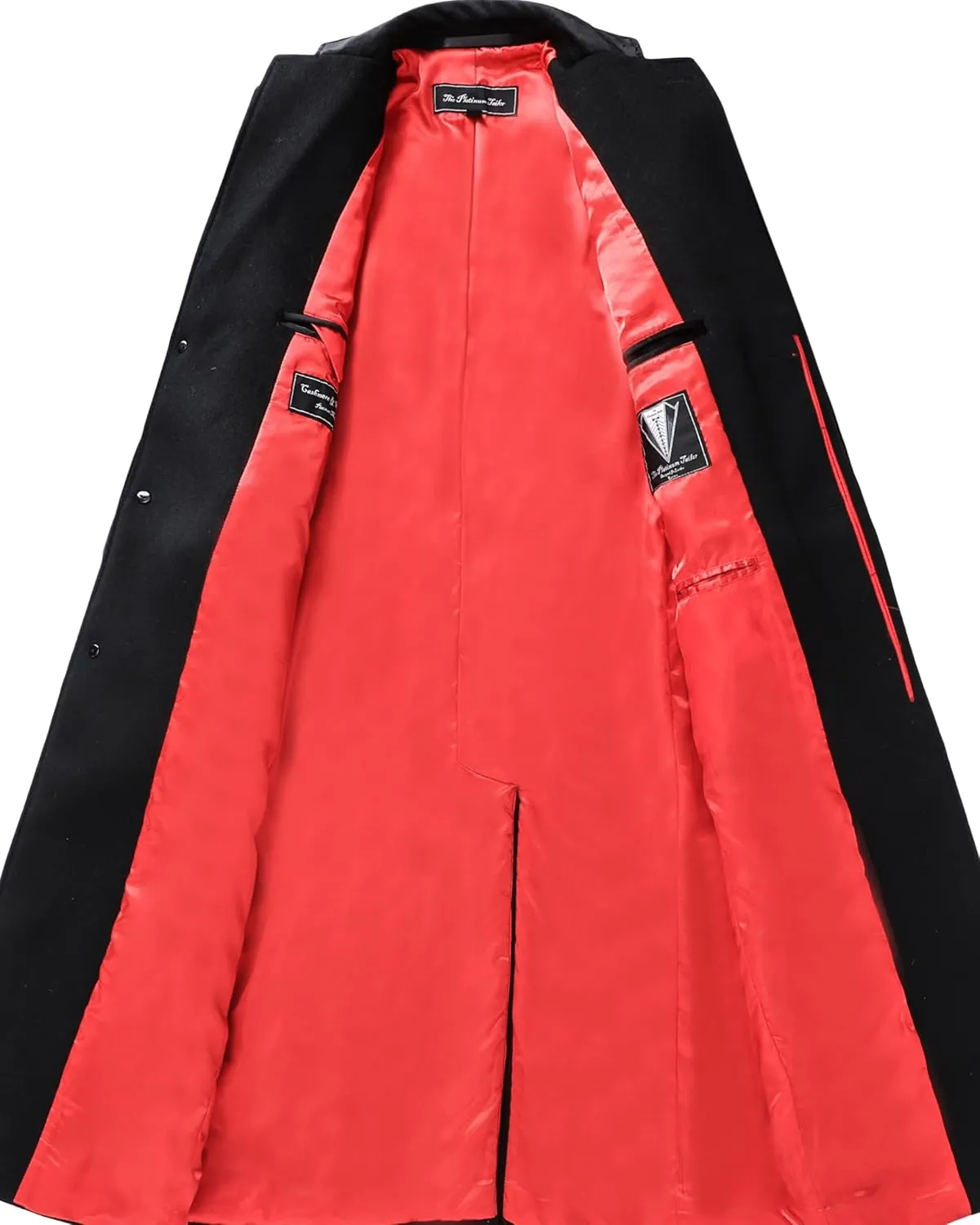 Mens Black Overcoat Wool & Cashmere Covert Warm Winter Mod Coat Velvet Collar & Red Satin Lining
