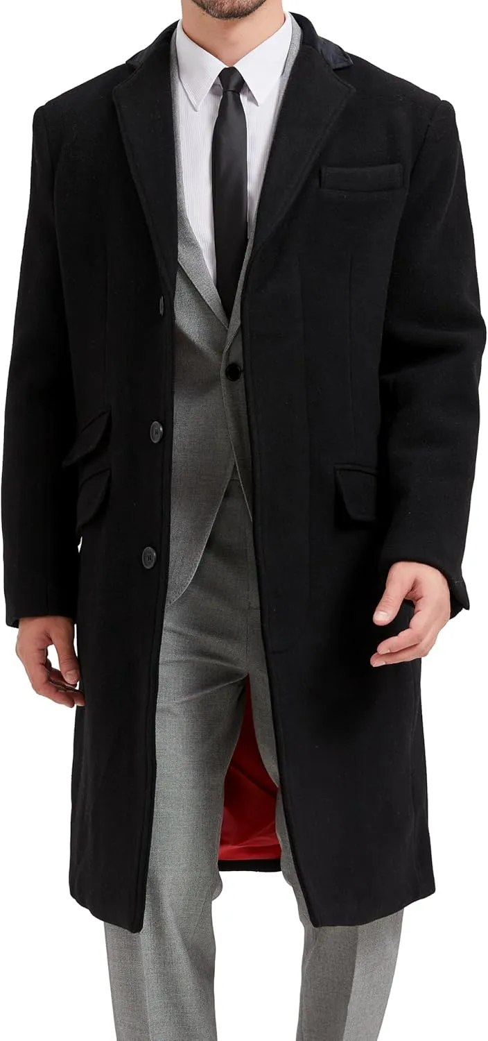 Mens Black Overcoat Wool & Cashmere Covert Warm Winter Mod Coat Velvet Collar & Red Satin Lining