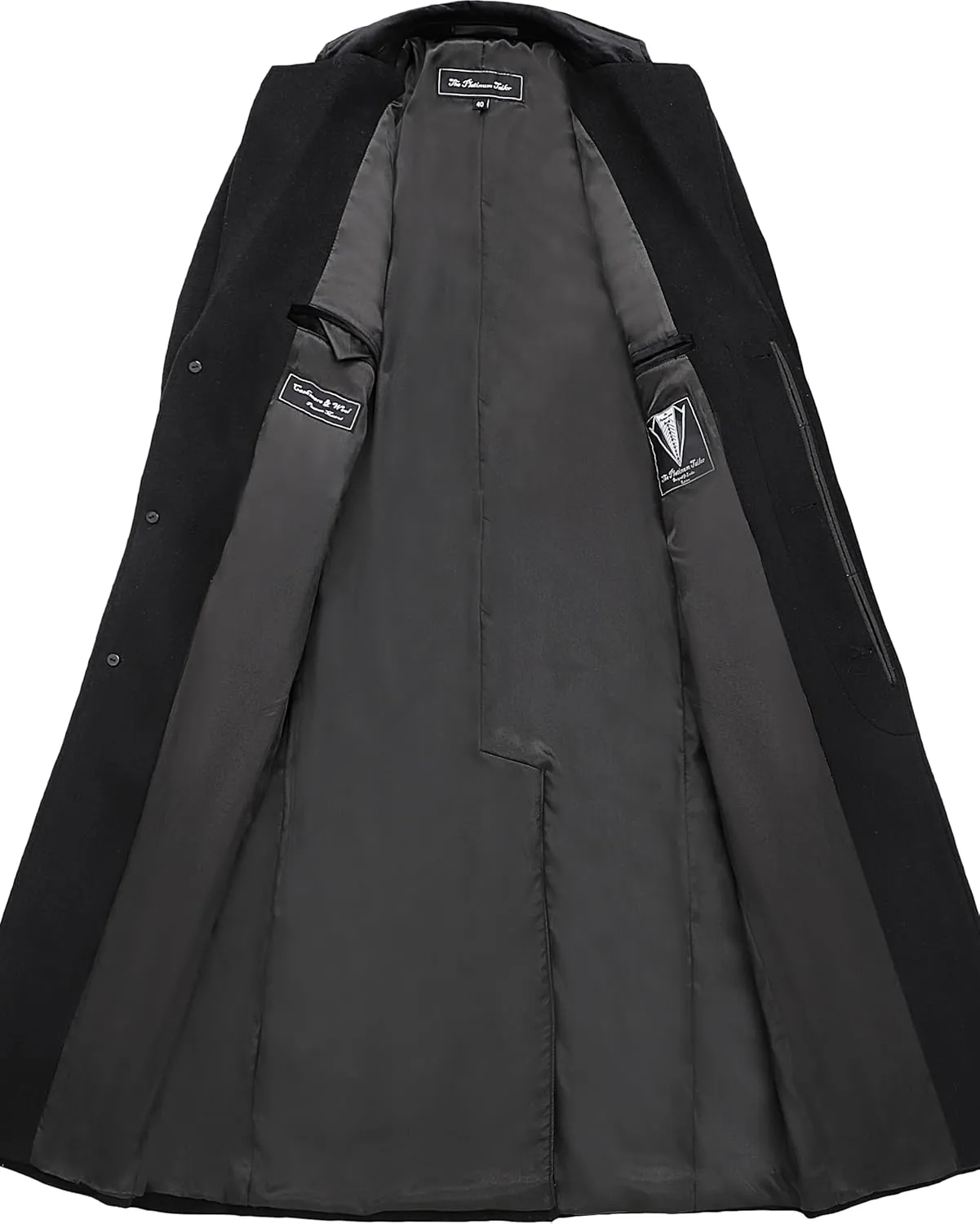 Mens Black Overcoat Wool & Cashmere Covert Warm Winter Mod Coat Velvet Collar & Red Satin Lining