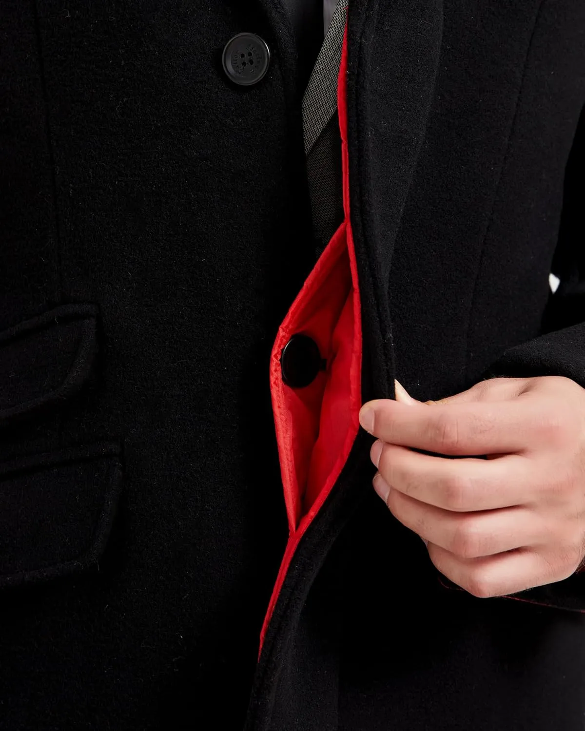 Mens Black Overcoat Wool & Cashmere Covert Warm Winter Mod Coat Velvet Collar & Red Satin Lining