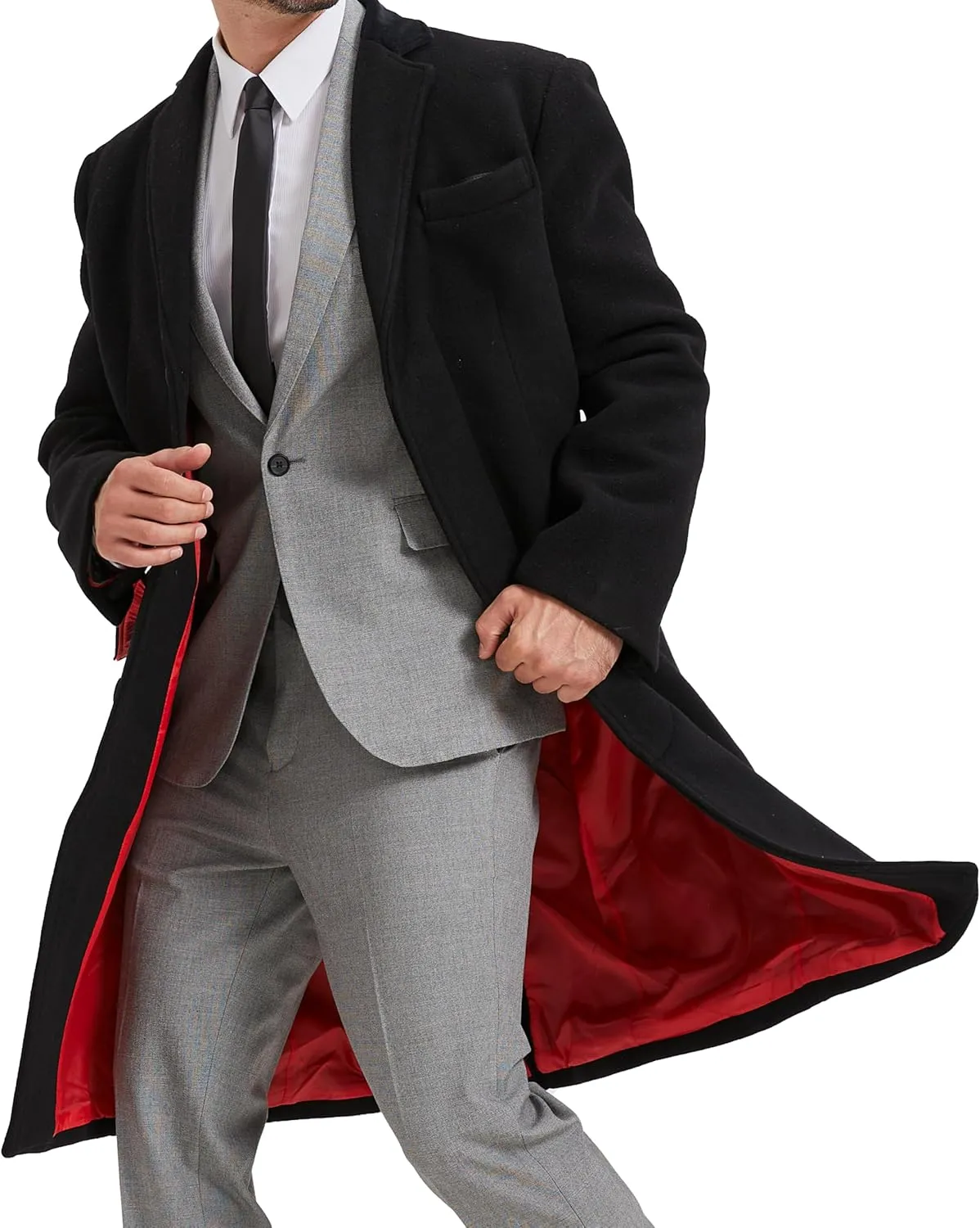 Mens Black Overcoat Wool & Cashmere Covert Warm Winter Mod Coat Velvet Collar & Red Satin Lining