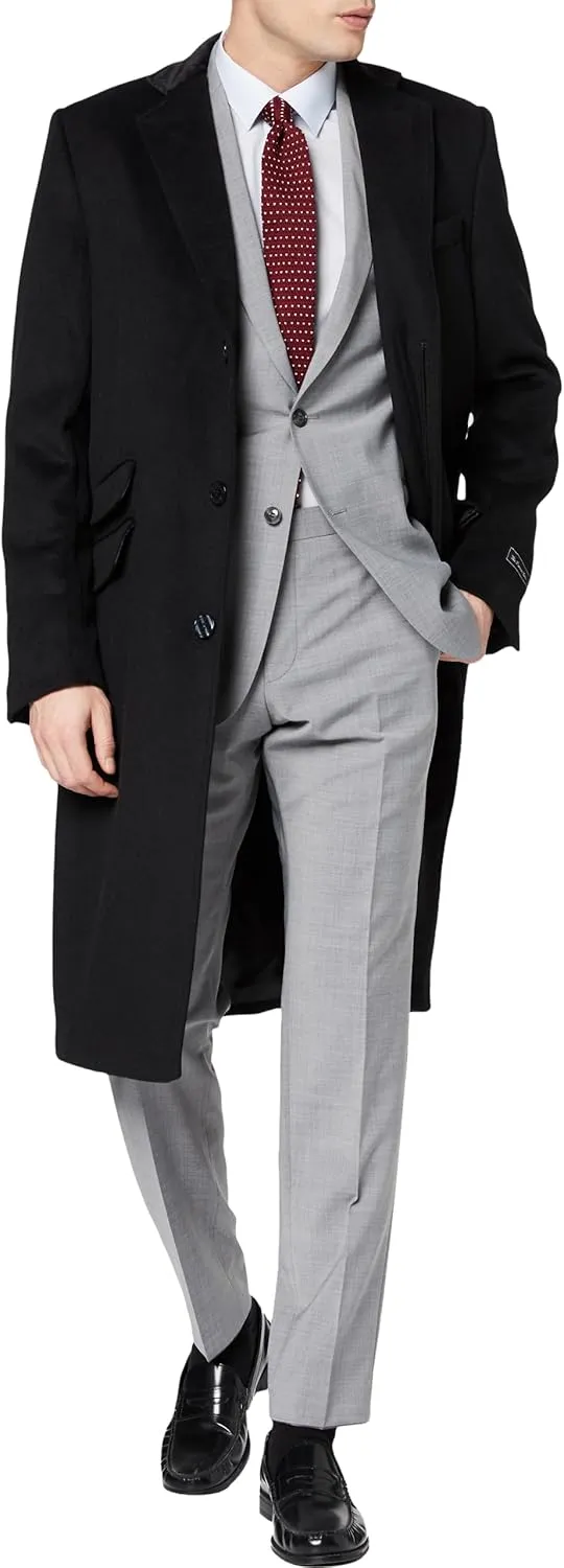 Mens Black Overcoat Wool & Cashmere Covert Warm Winter Mod Coat Velvet Collar & Red Satin Lining