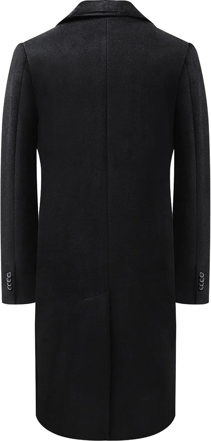 Mens Black Overcoat Wool & Cashmere Covert Warm Winter Mod Coat Velvet Collar & Red Satin Lining