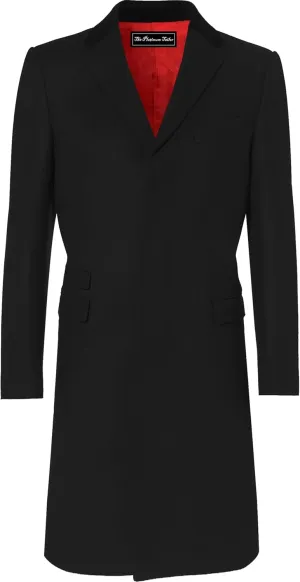 Mens Black Overcoat Wool & Cashmere Covert Warm Winter Mod Coat Velvet Collar & Red Satin Lining