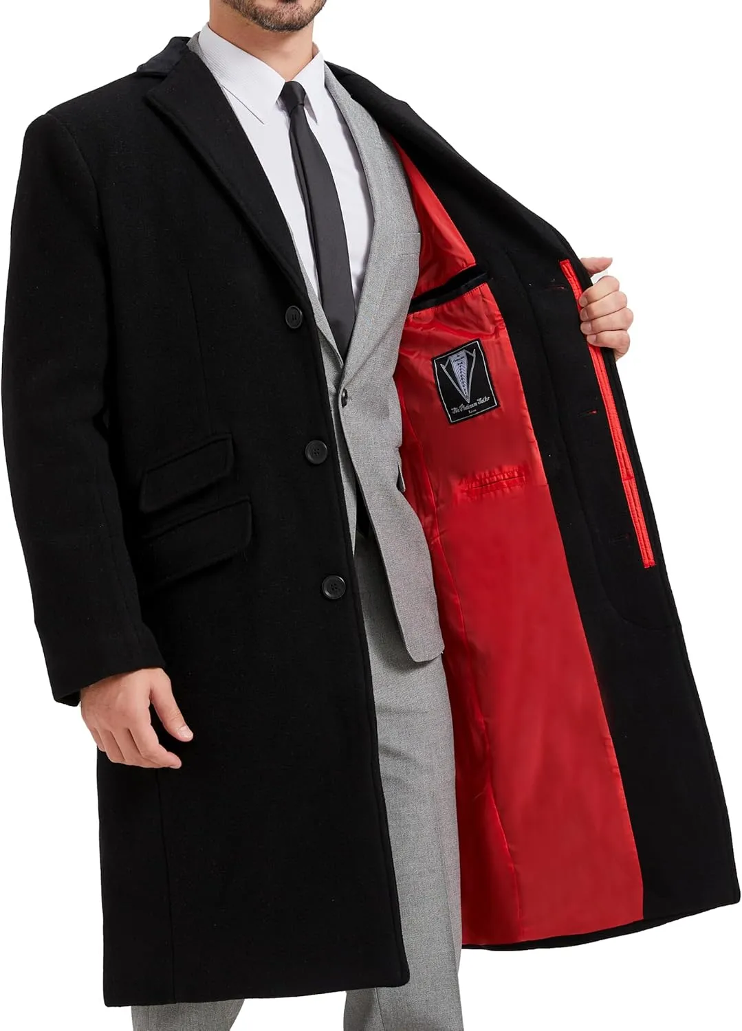 Mens Black Overcoat Wool & Cashmere Covert Warm Winter Mod Coat Velvet Collar & Red Satin Lining