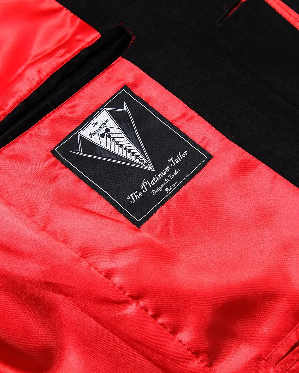 Mens Black Overcoat Wool & Cashmere Covert Warm Winter Mod Coat Velvet Collar & Red Satin Lining