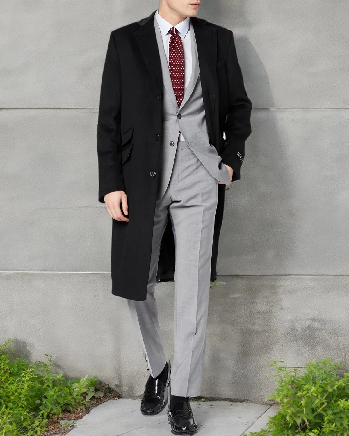 Mens Black Overcoat Wool & Cashmere Covert Warm Winter Mod Coat Velvet Collar & Red Satin Lining