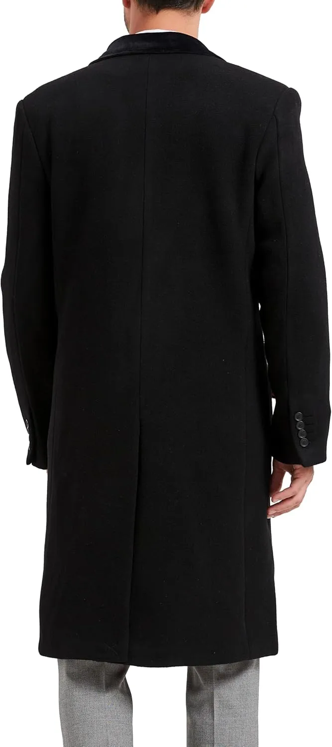 Mens Black Overcoat Wool & Cashmere Covert Warm Winter Mod Coat Velvet Collar & Red Satin Lining