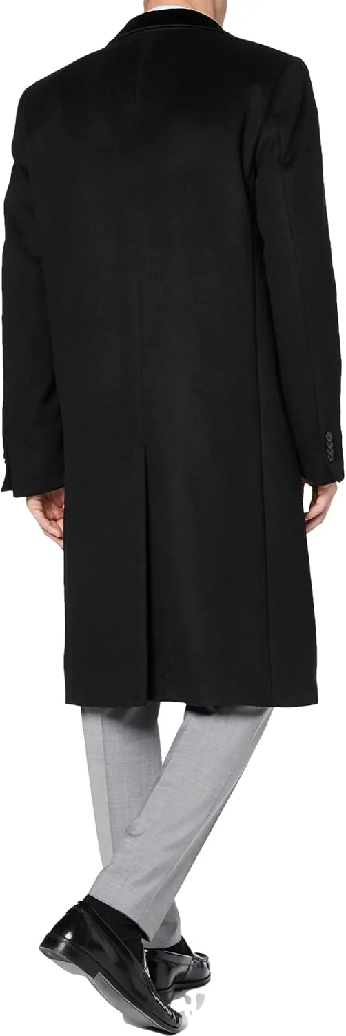 Mens Black Overcoat Wool & Cashmere Covert Warm Winter Mod Coat Velvet Collar & Red Satin Lining