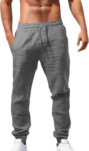 Men's Casual Cotton Linen Pants Hiking Joggers Elastic Waist Loose Fit Trousers Lightweight Yoga Beach Pants