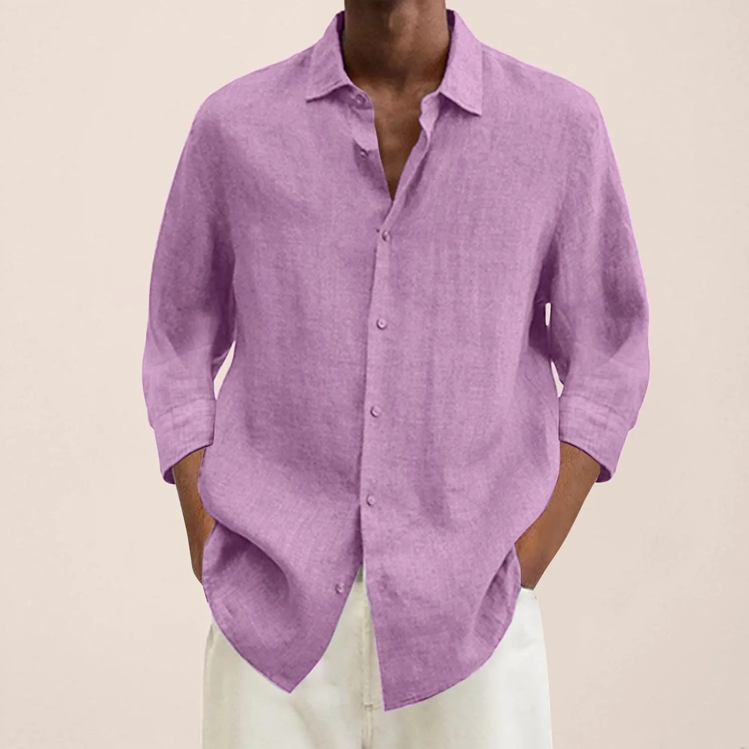 Mens Casual Linen Shirts 3/4 Sleeve Button Down Shirt Hawaiian Vacation Summer Tees Outdoor Plain Beach Collared Tops