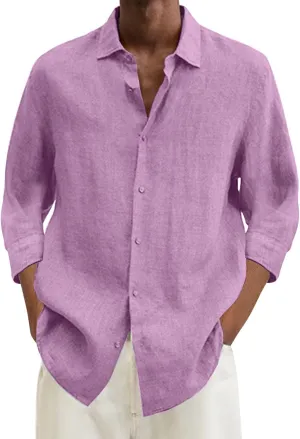Mens Casual Linen Shirts 3/4 Sleeve Button Down Shirt Hawaiian Vacation Summer Tees Outdoor Plain Beach Collared Tops