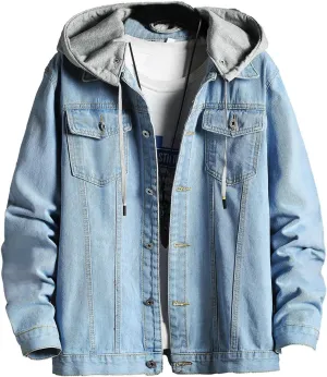 Mens Classic Denim Jacket With Hoodies Slim Fit Jean Jacket Coat