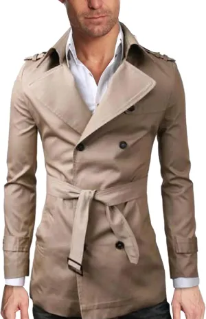 Mens Classic Trench Coat Lapel Double Breasted Windbreaker with Belt