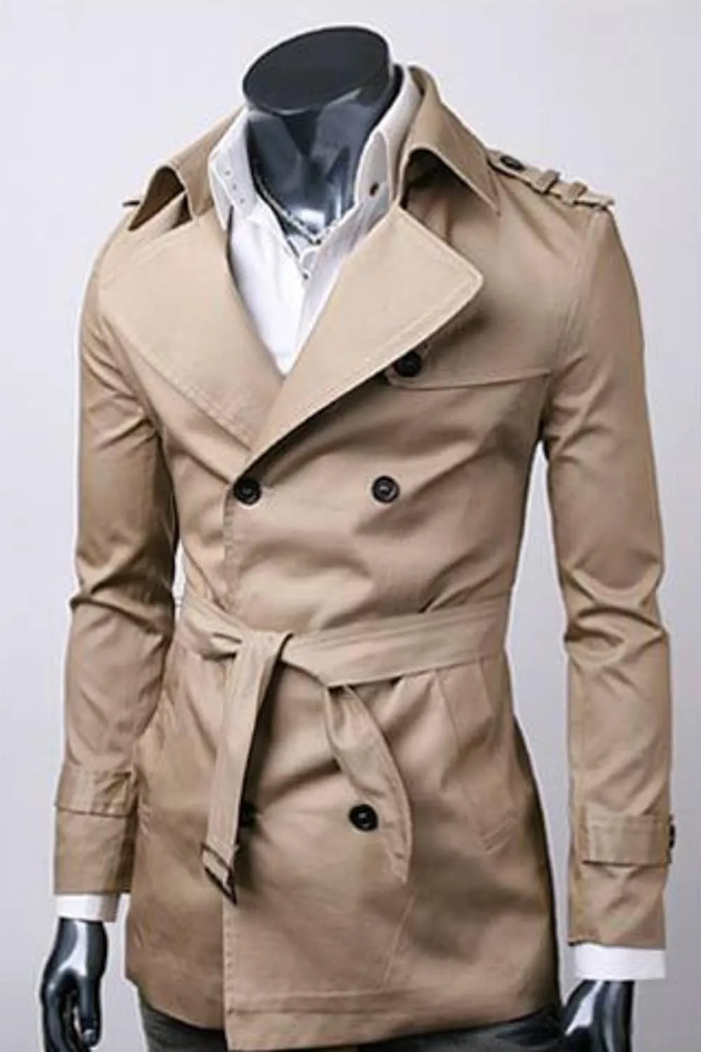 Mens Classic Trench Coat Lapel Double Breasted Windbreaker with Belt
