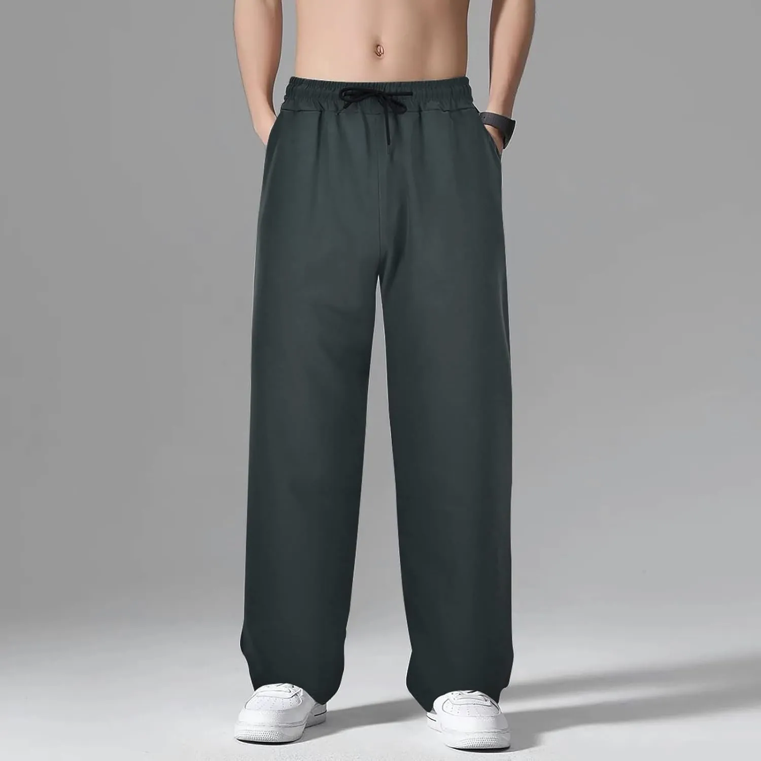 Mens Cotton Linen Pants Drawstring Elastic Waist Straight Leg Pant Workout Sport Pants Multi-Pocket Trousers
