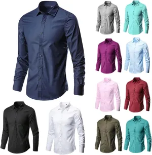 Men's Fashion Basic Business Casual Solid Colour Long Sleeve Button Down Shirt Suit Bottom Male Gentlemen's