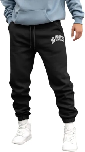 Mens Fleece Lined Graphic Pants Slim Fit Drawstring High Waisted Elastic Sweatpants Casual Training Trousers