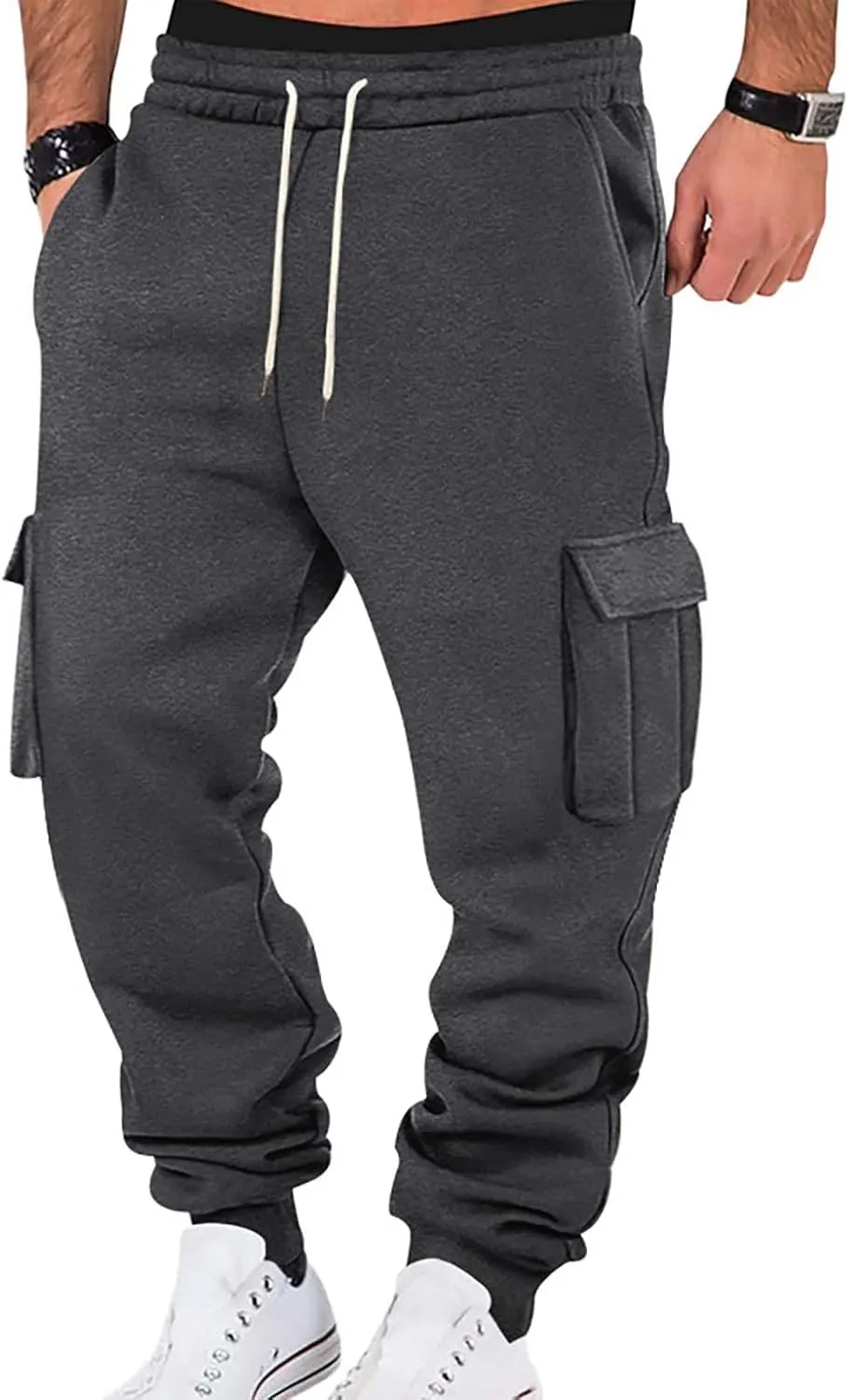 Mens Hiking Cargo Pants Large Elastic Waist Pants with Multi-Pocket Fit Drawstring Wide Trousers