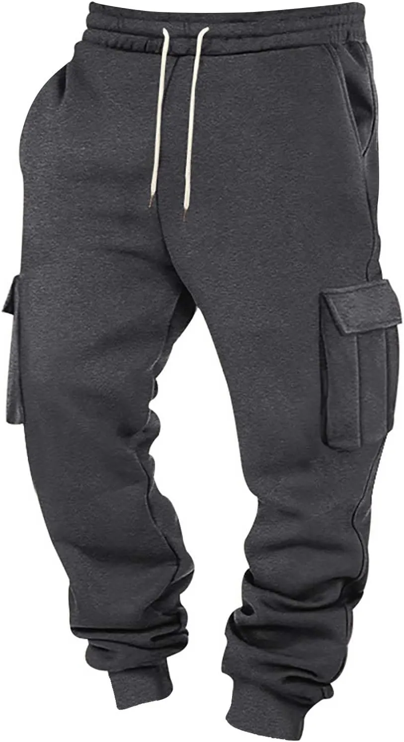Mens Hiking Cargo Pants Large Elastic Waist Pants with Multi-Pocket Fit Drawstring Wide Trousers