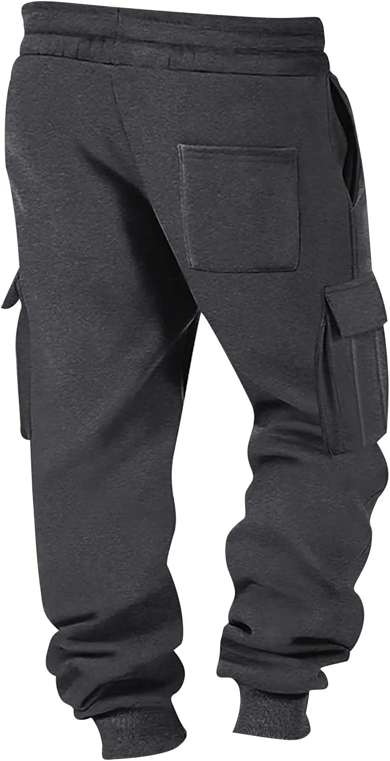 Mens Hiking Cargo Pants Large Elastic Waist Pants with Multi-Pocket Fit Drawstring Wide Trousers