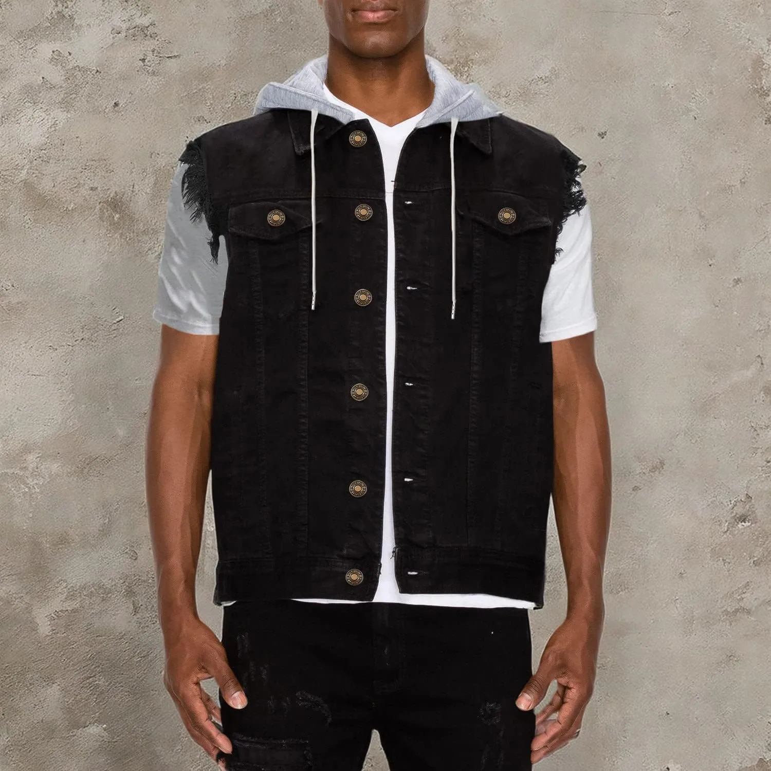 Men's Hooded Denim Vest Classic Stretchy Trucker Sleeveless Jean Jacket