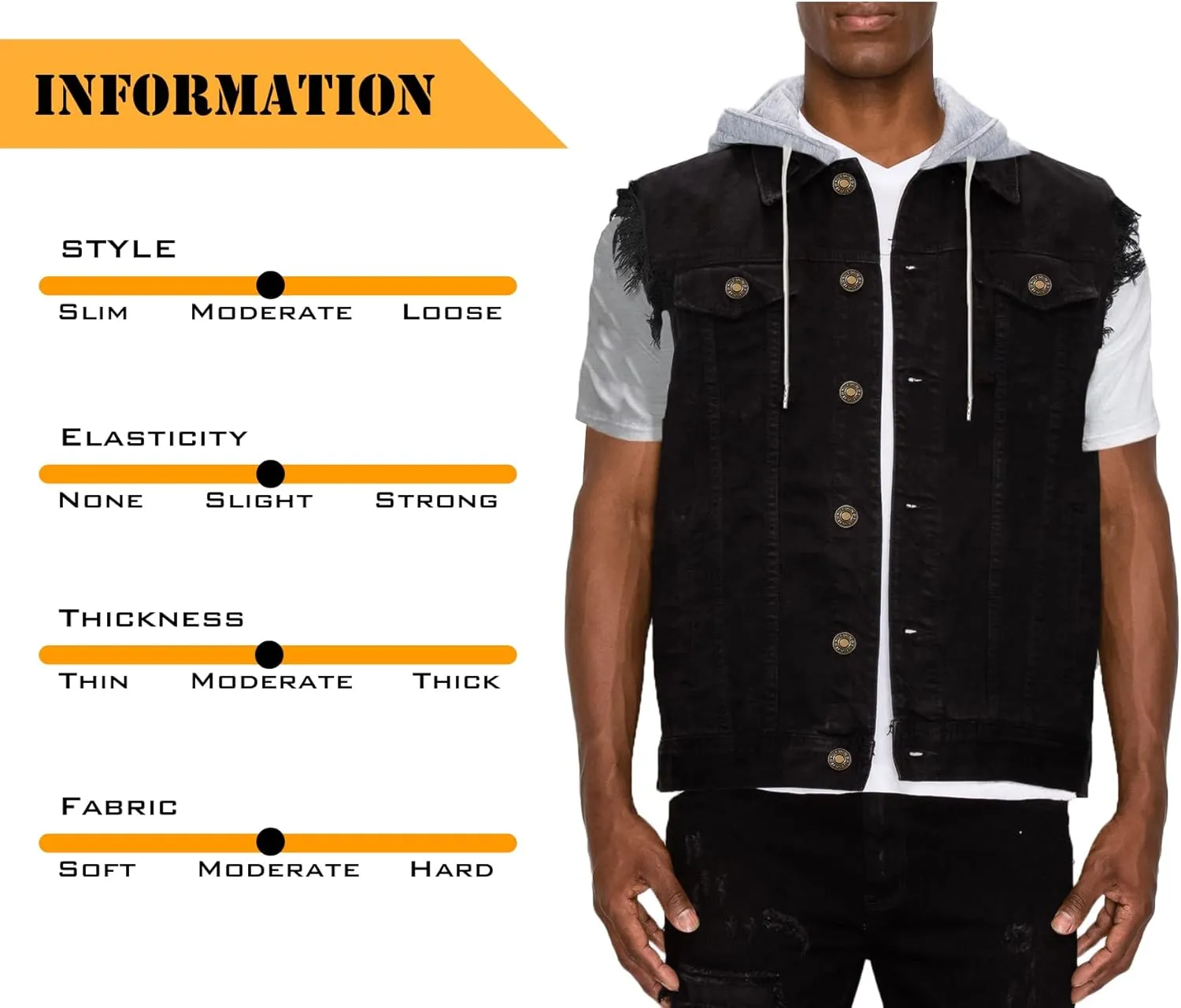 Men's Hooded Denim Vest Classic Stretchy Trucker Sleeveless Jean Jacket