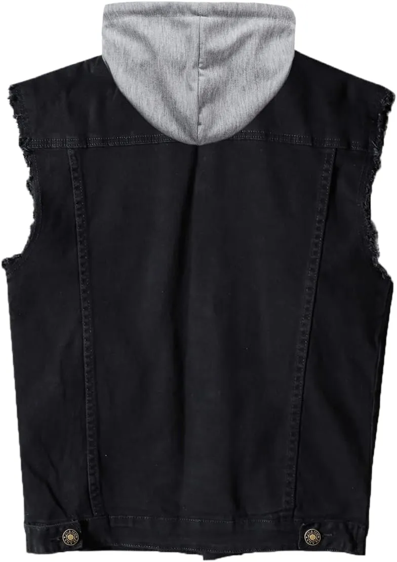 Men's Hooded Denim Vest Classic Stretchy Trucker Sleeveless Jean Jacket