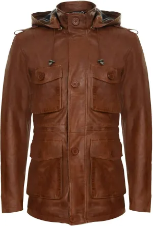 Men's Hooded Leather Multi-Pocket Duffle Trench Coat with Drawstring