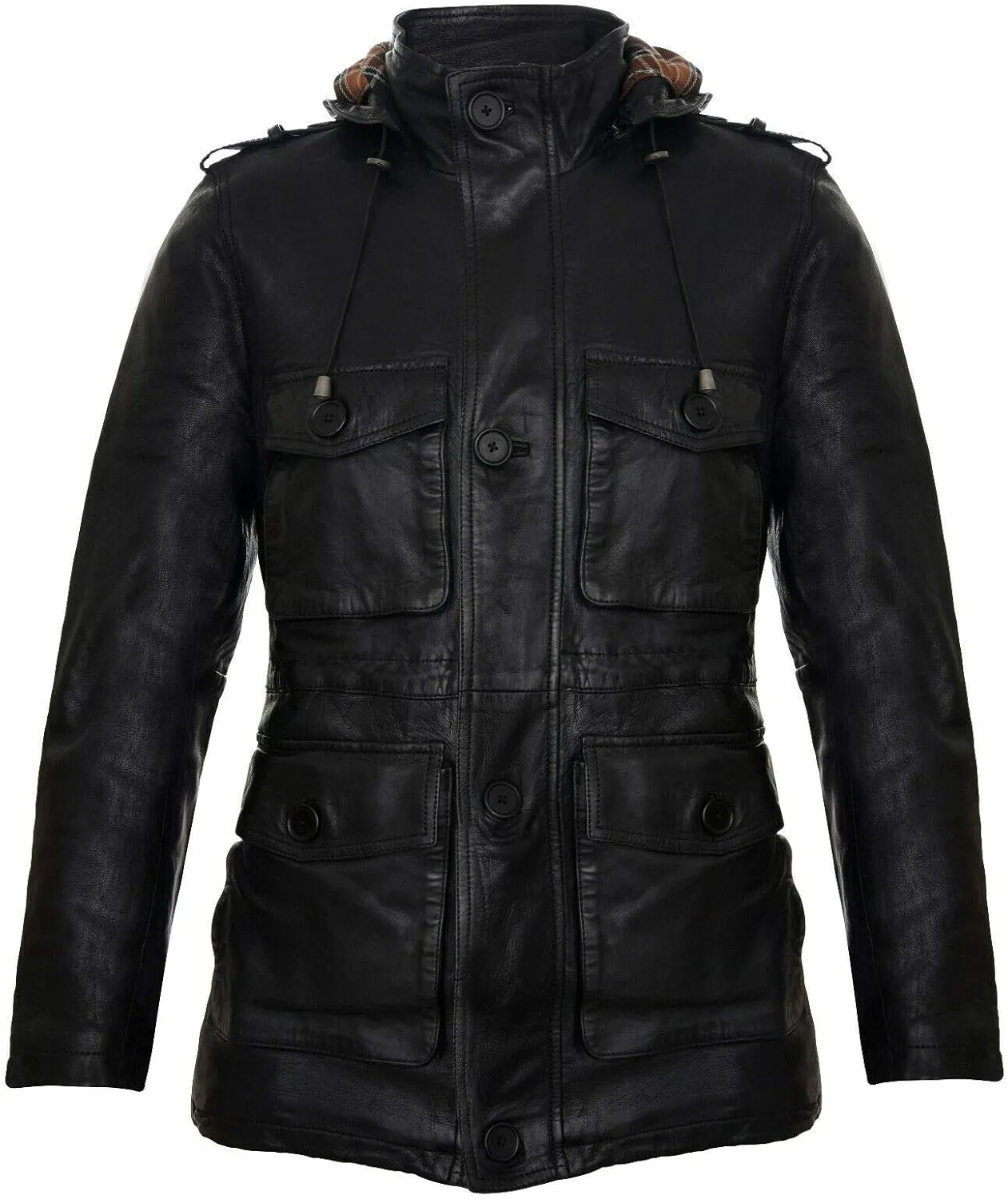 Men's Hooded Leather Multi-Pocket Duffle Trench Coat with Drawstring