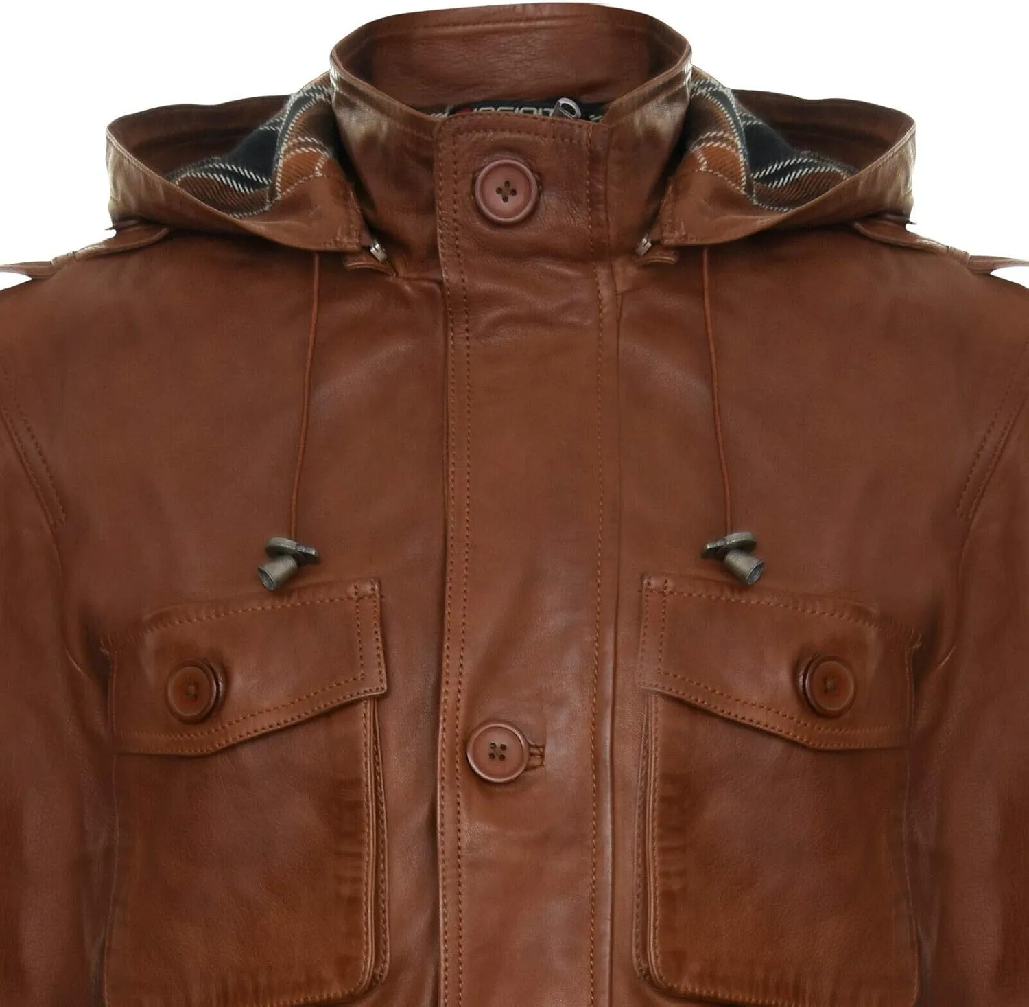 Men's Hooded Leather Multi-Pocket Duffle Trench Coat with Drawstring
