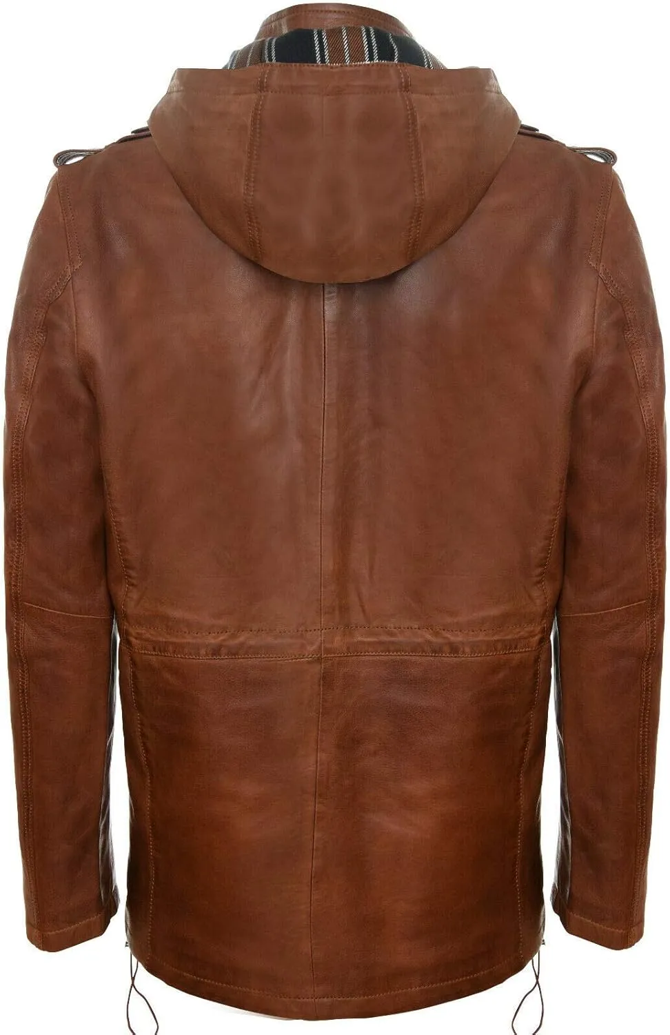 Men's Hooded Leather Multi-Pocket Duffle Trench Coat with Drawstring
