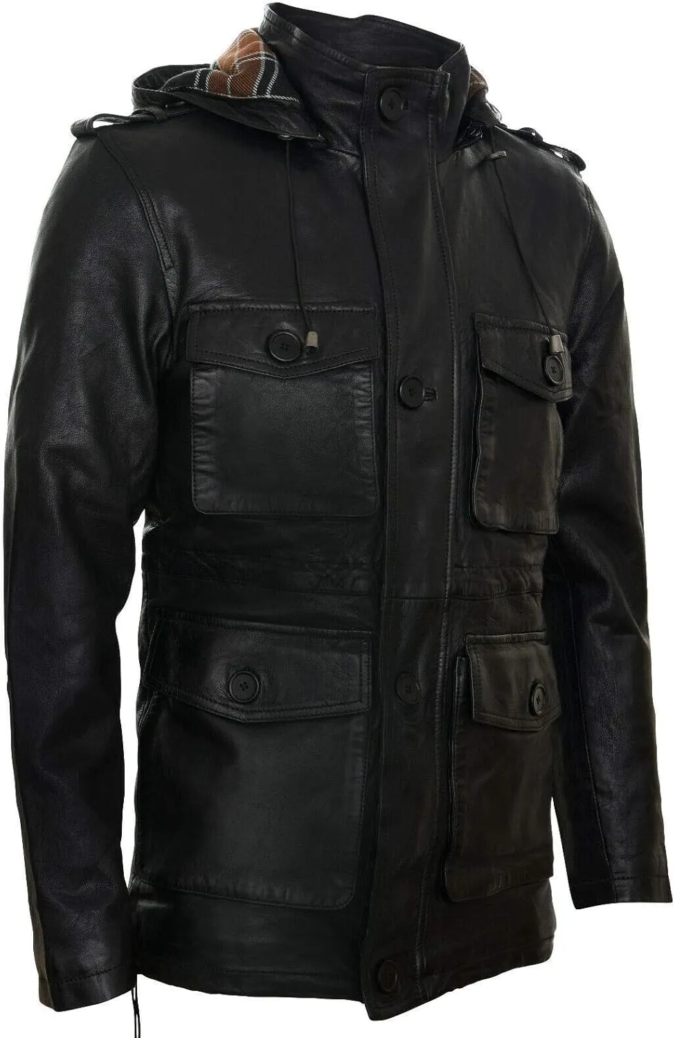 Men's Hooded Leather Multi-Pocket Duffle Trench Coat with Drawstring