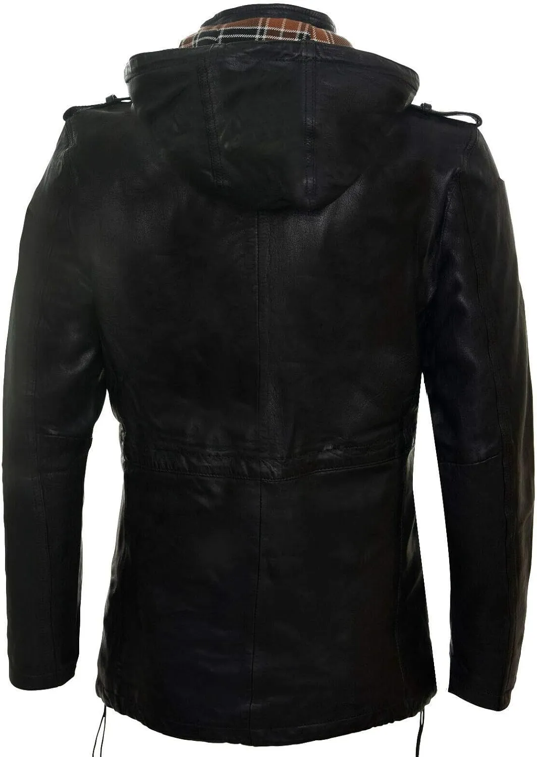 Men's Hooded Leather Multi-Pocket Duffle Trench Coat with Drawstring
